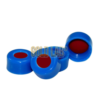 SEPTO PTFE BRANCO PRÉ-CORTADO PTFE BRANCO / SILICONE VERMELHO, TAMPA DE ROSCA CURTA DE 9MM EM PP AZUL, PCT 100UND