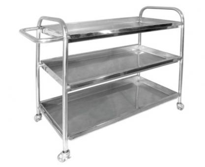 MESA/CARRINHO INOX 3 PLANOS C/ ABAS TUDO REDONDO A 80CM / L - 50CM / C80 OU 90CM